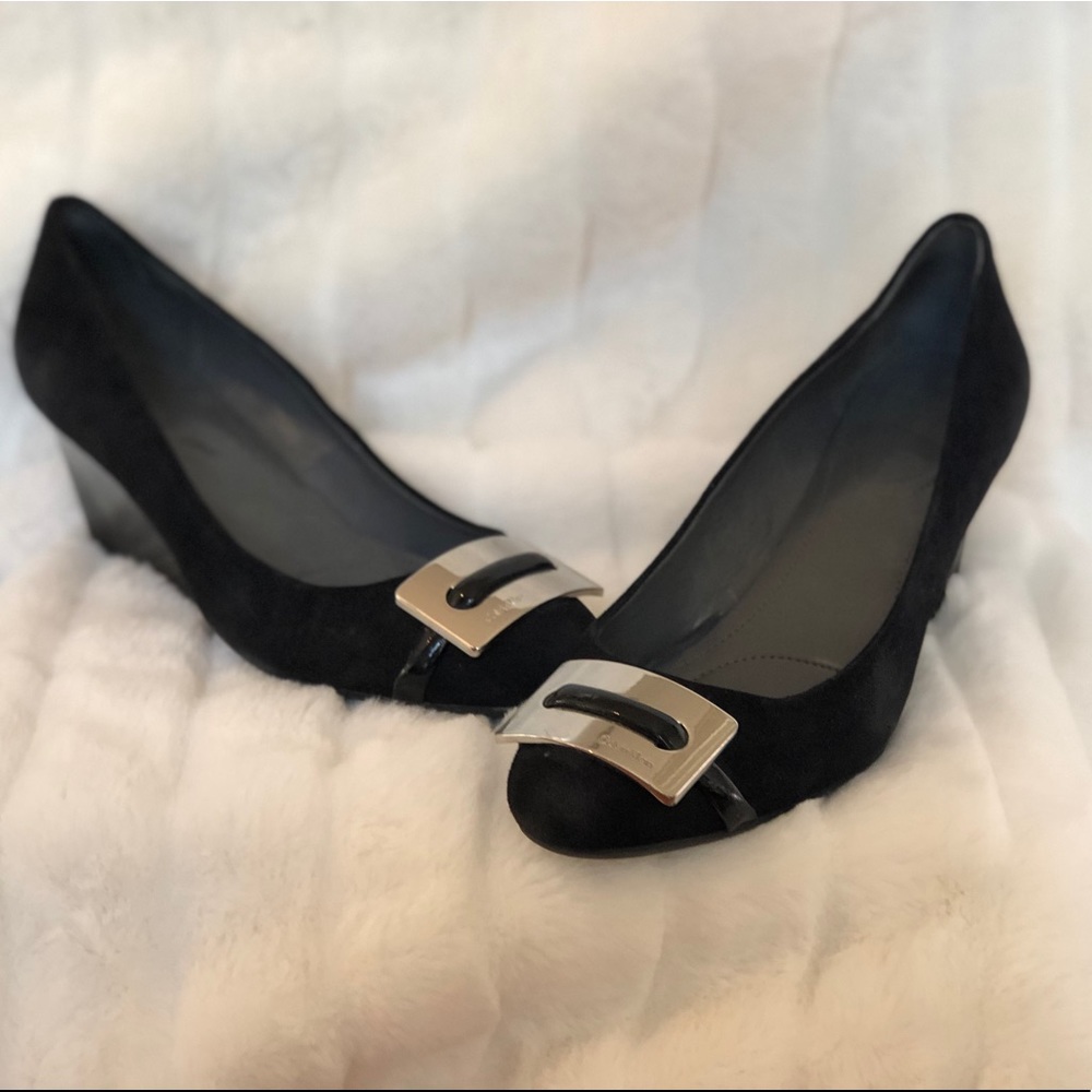 Calvin Klein Black Wedge Shoes with Silver Buckle